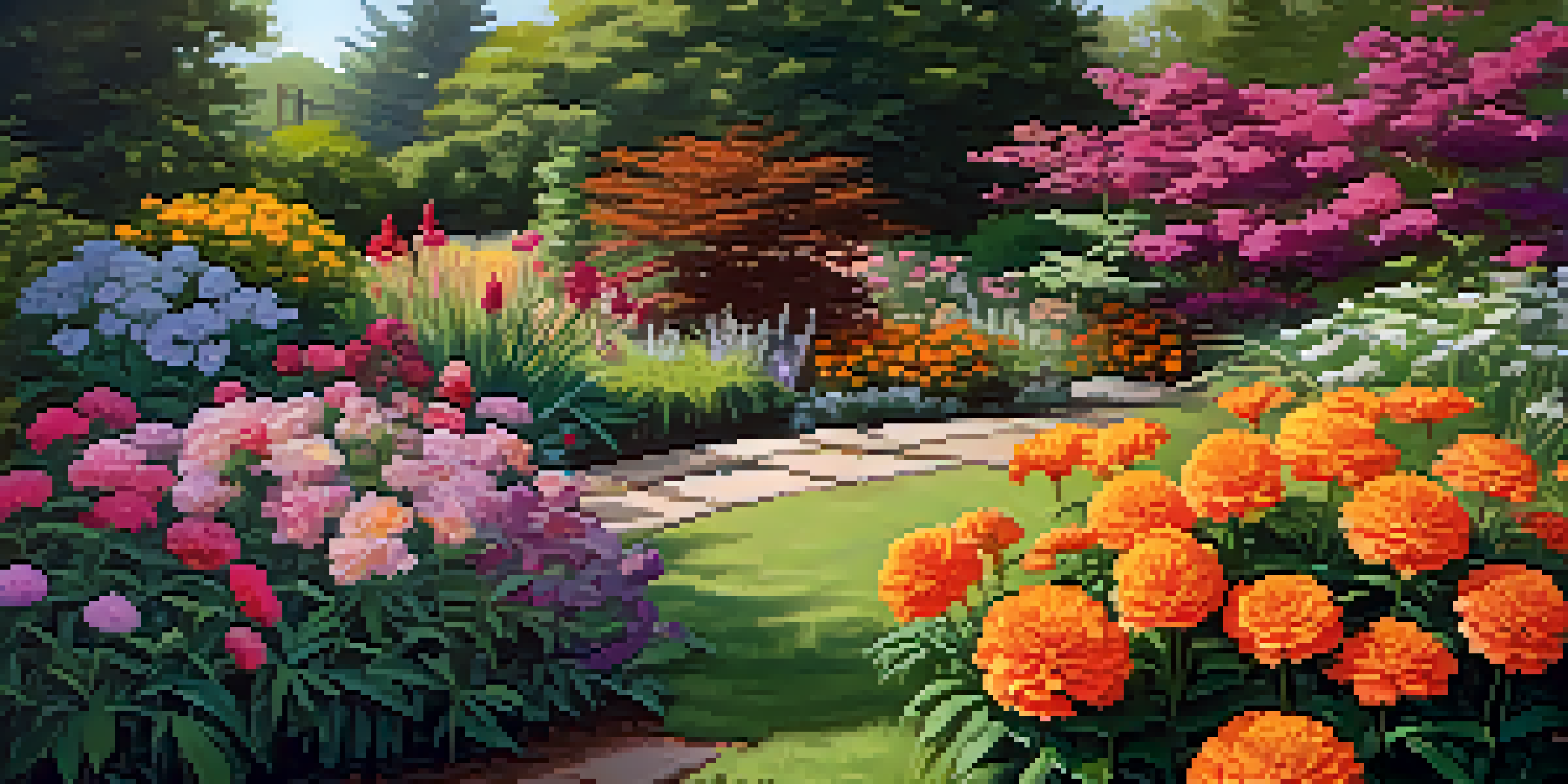 A colorful garden filled with marigolds, zinnias, peonies, and daylilies, illuminated by soft sunlight with gentle shadows on the soil.