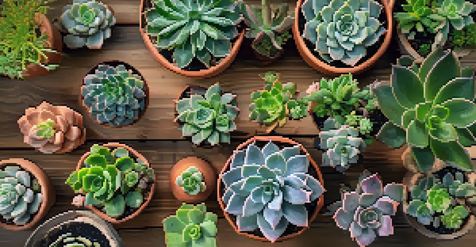 An overhead view of a variety of succulents in a pot, showcasing different shapes and colors on a wooden table.