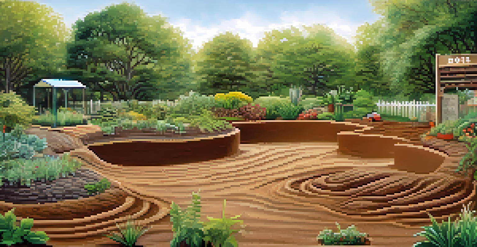 Educational layout showing four types of soil with textures and colors, set in a garden background.