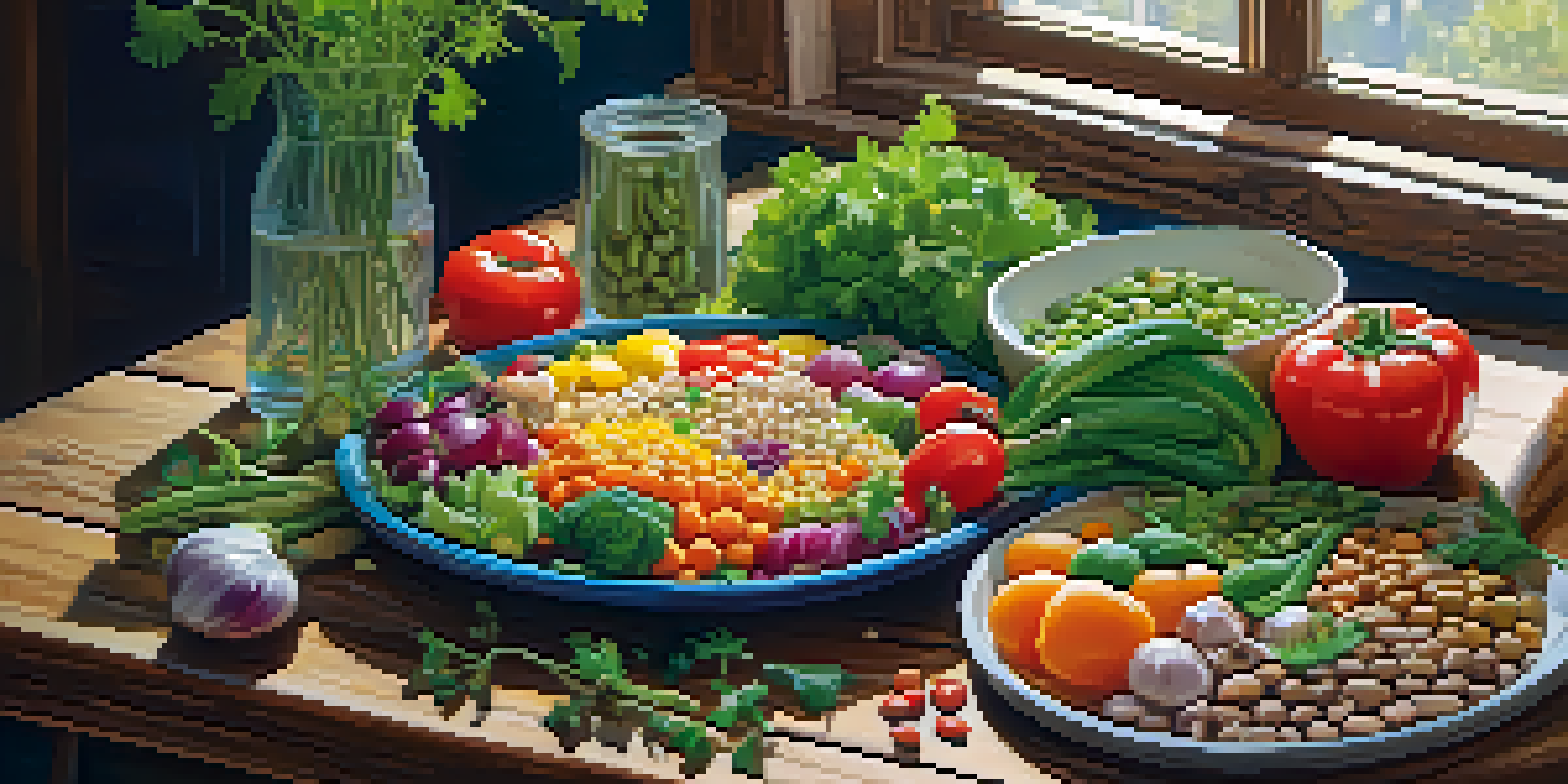 A colorful plate of plant-based food with fresh vegetables, grains, and legumes arranged beautifully on a rustic wooden table, illuminated by soft sunlight.
