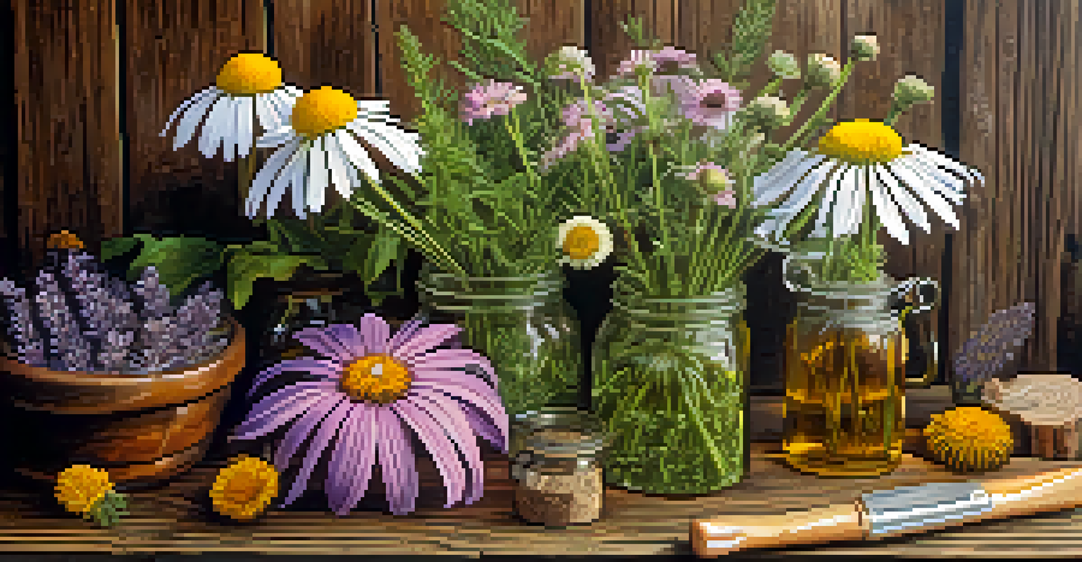A close-up of colorful medicinal plants arranged on a rustic table, showcasing their beauty and healing qualities.