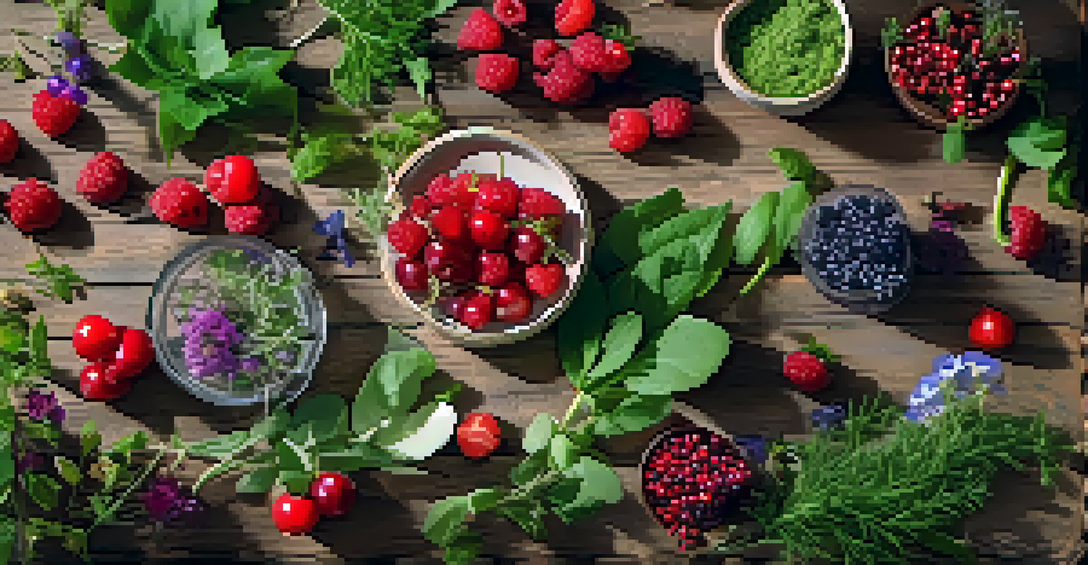 An overhead view of a wooden table showcasing freshly foraged wild edible plants.