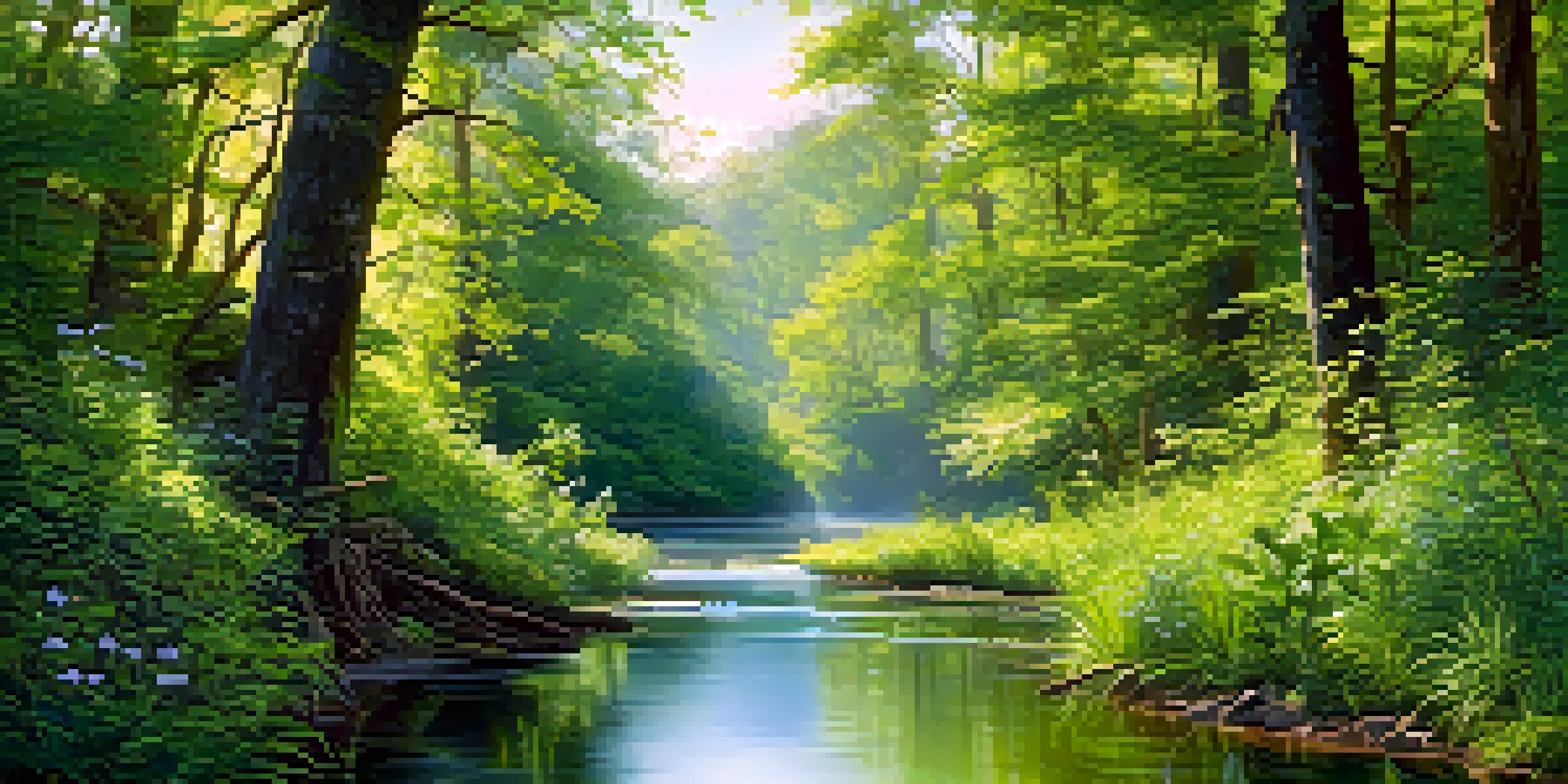A vibrant forest with sunlight filtering through the trees, a clear stream in the foreground, wildflowers, and birds, illustrating a healthy ecosystem.