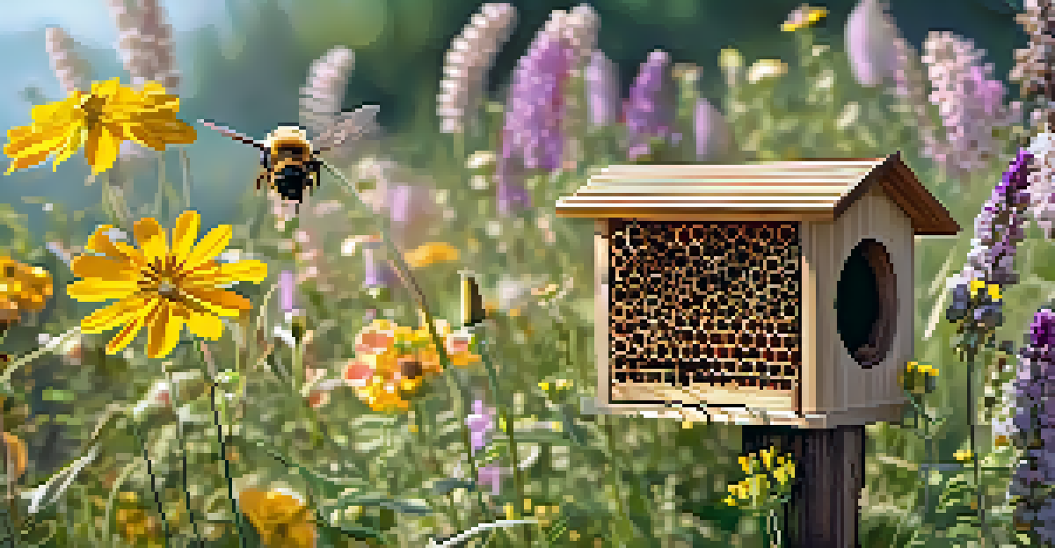 A close-up of a bee hotel surrounded by bright wildflowers with bees nearby.