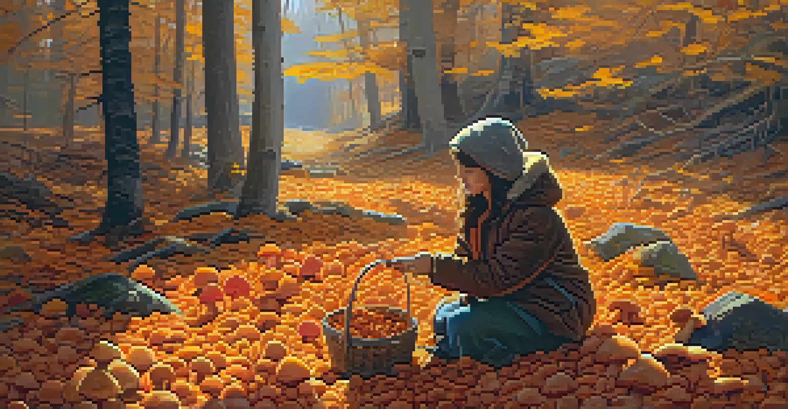 A forager in warm clothing collecting golden chanterelle mushrooms in a colorful autumn forest with fallen leaves.