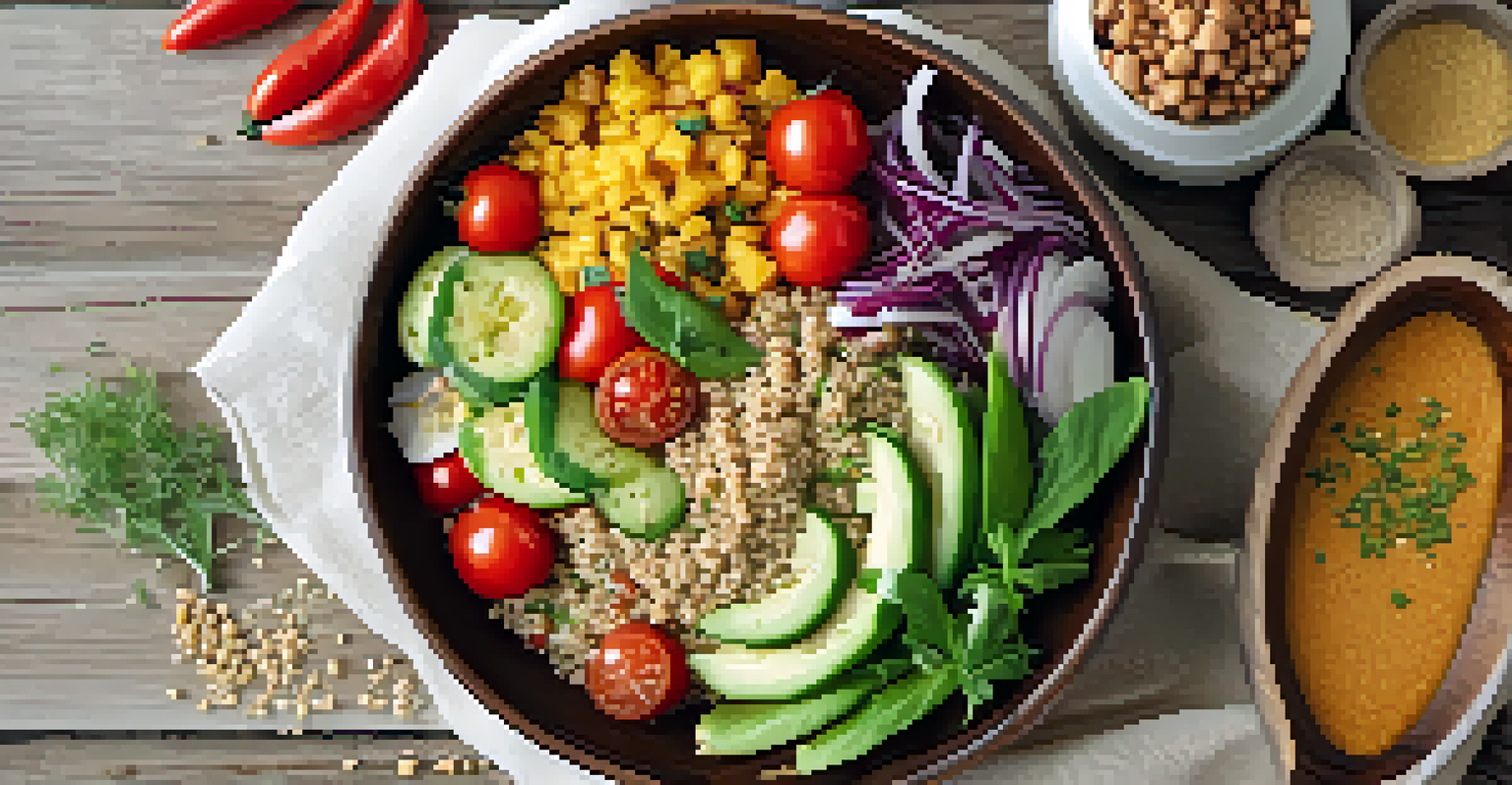An overhead view of a plant-based quinoa salad with colorful vegetables and fresh herbs on a wooden table.