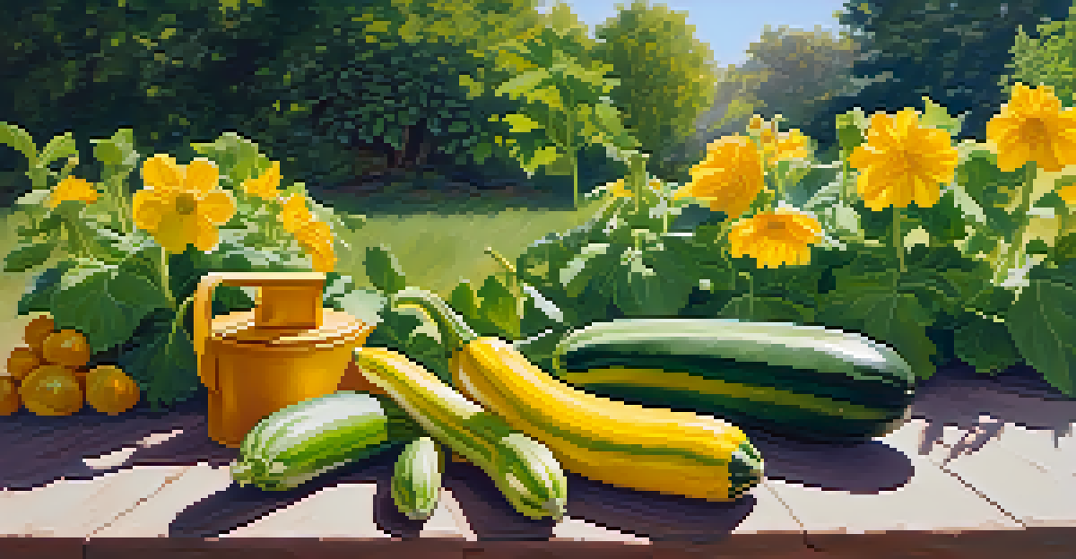 A summer garden bursting with zucchini and squash, featuring bright yellow flowers and green foliage in warm sunlight.