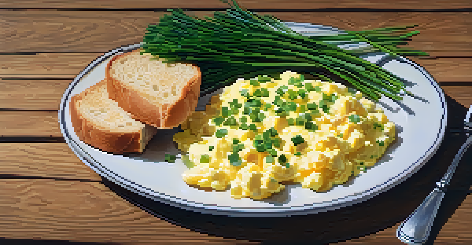 A close-up of scrambled eggs garnished with chopped chives on a rustic wooden table.