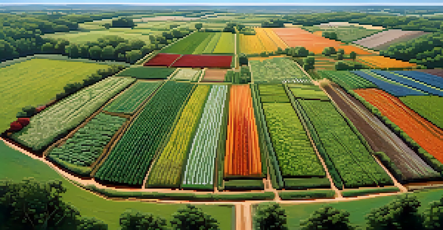 Aerial view of a farm with various crops in rows, including leafy greens, root vegetables, and legumes, along with colorful cover crops.