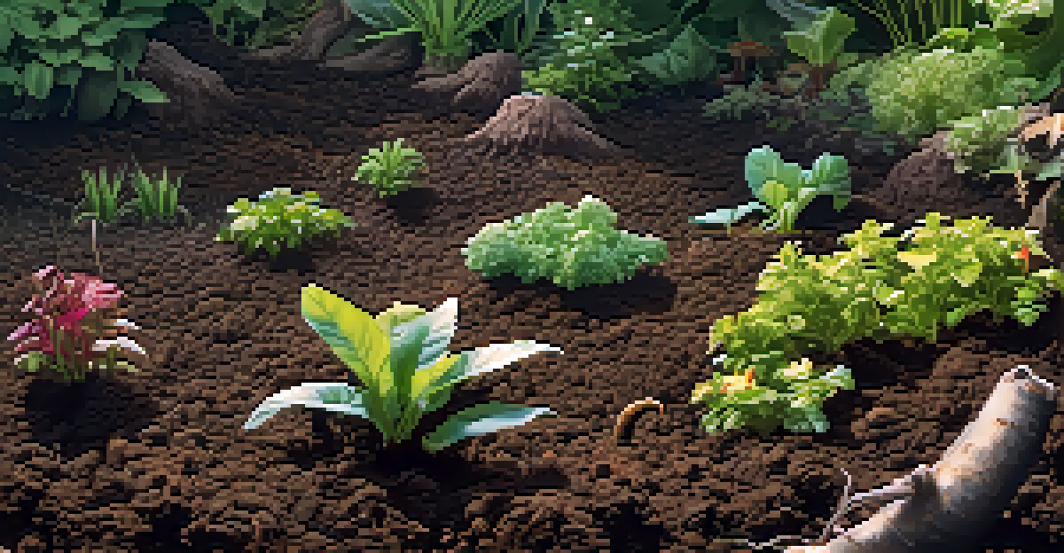 Close-up of rich, healthy soil in a permaculture garden, with organic matter and vibrant plant growth.