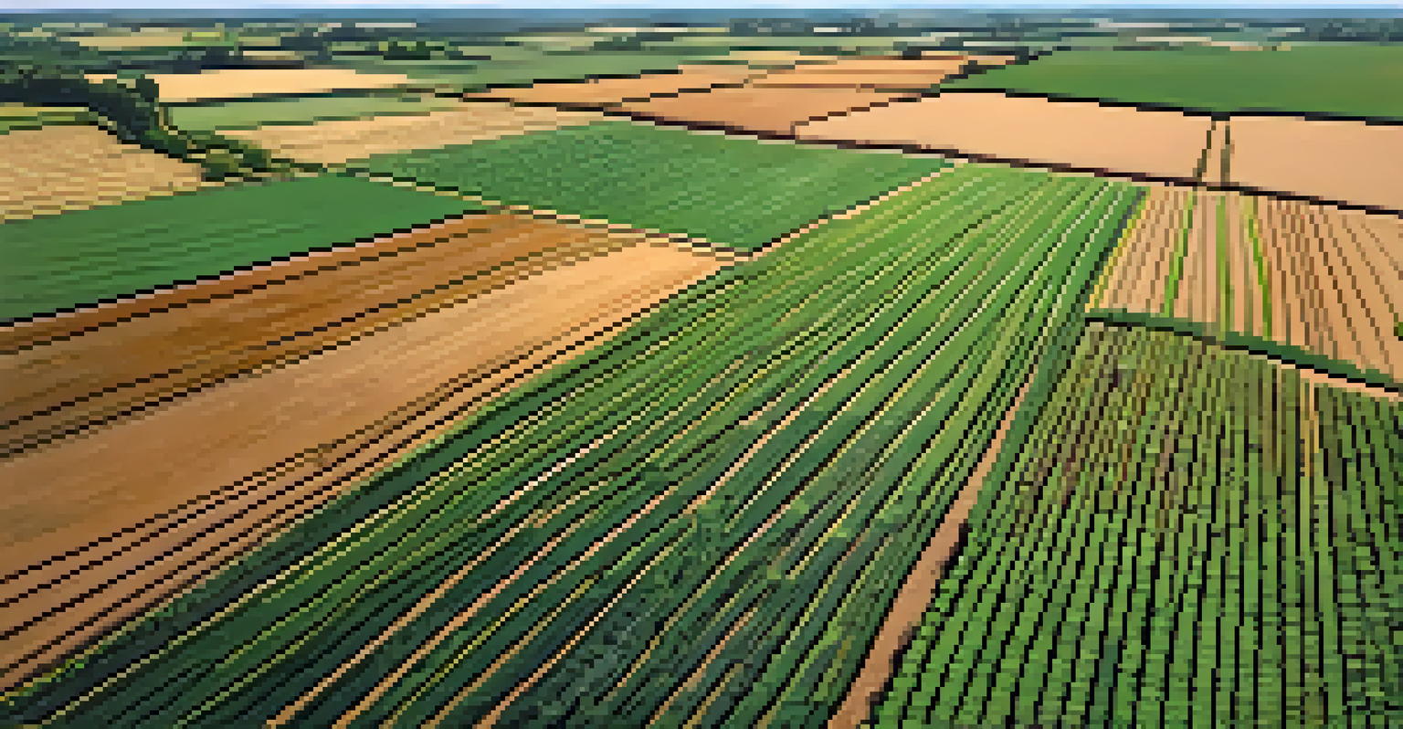 An aerial view of a field with alternating crops of alfalfa and clover, displaying their different colors and healthy growth under a partly cloudy sky.