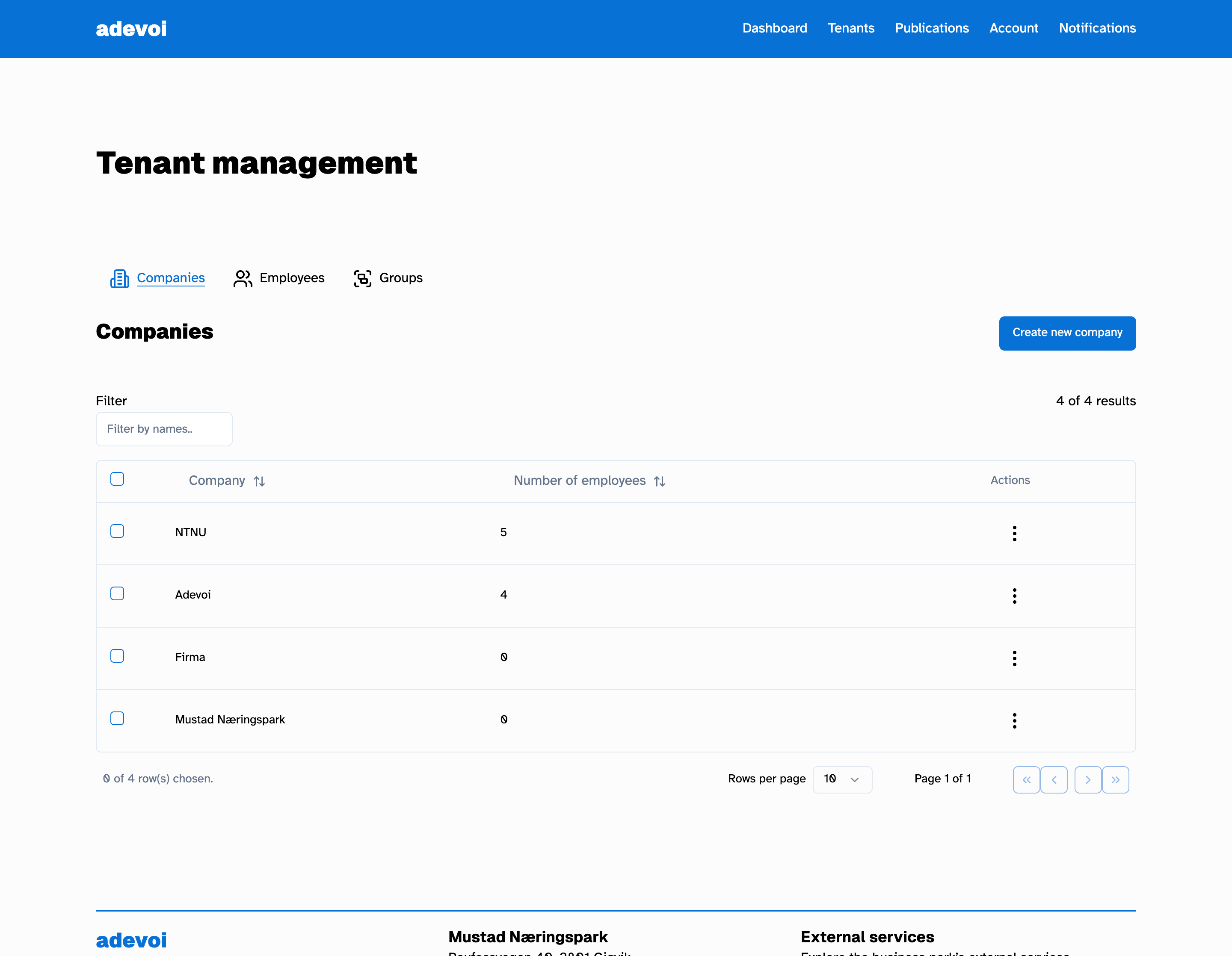 Screenshot of the Adevoi system, showing the tenant management page.