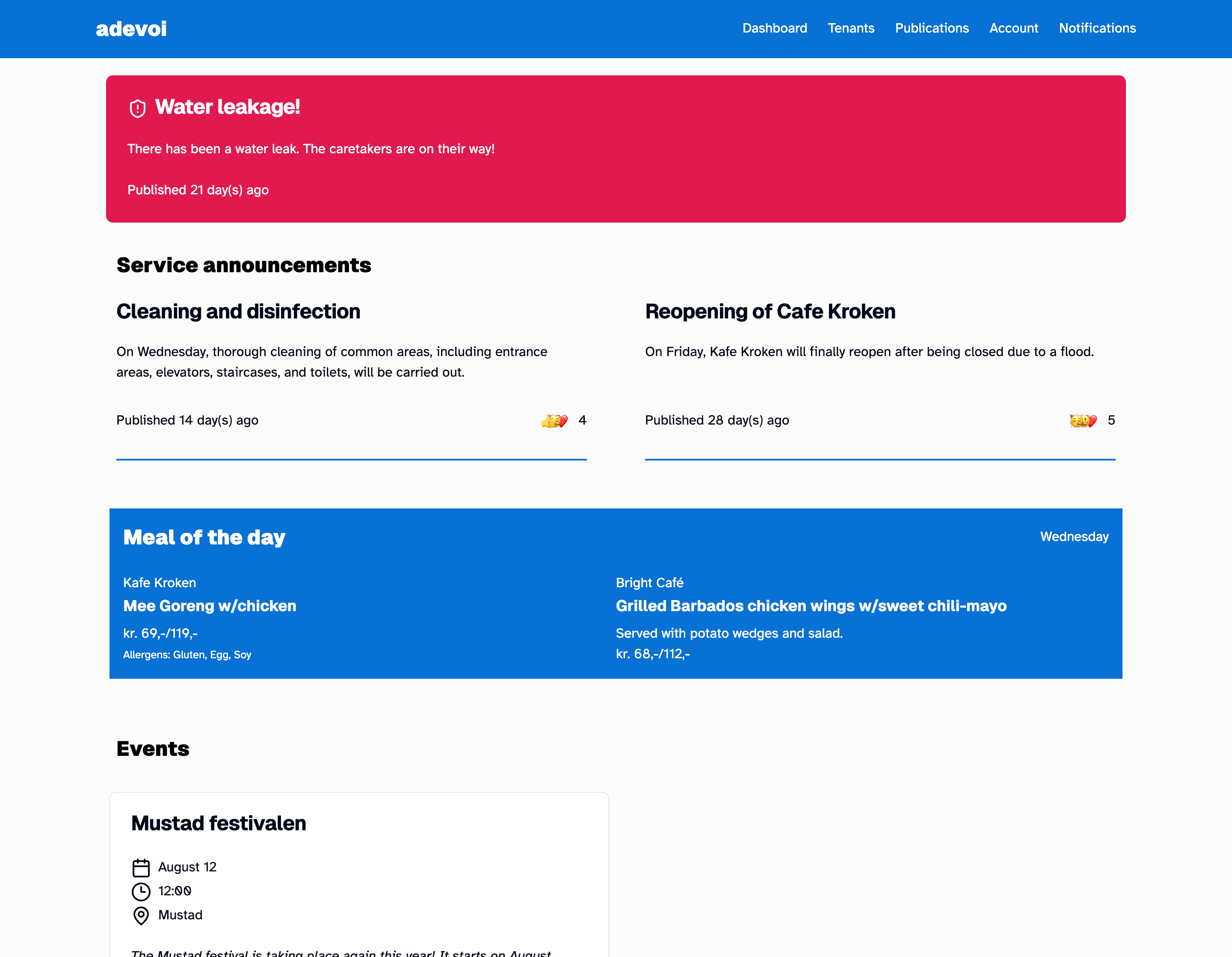 Screenshot of the Adevoi system, showing the user dashboard.