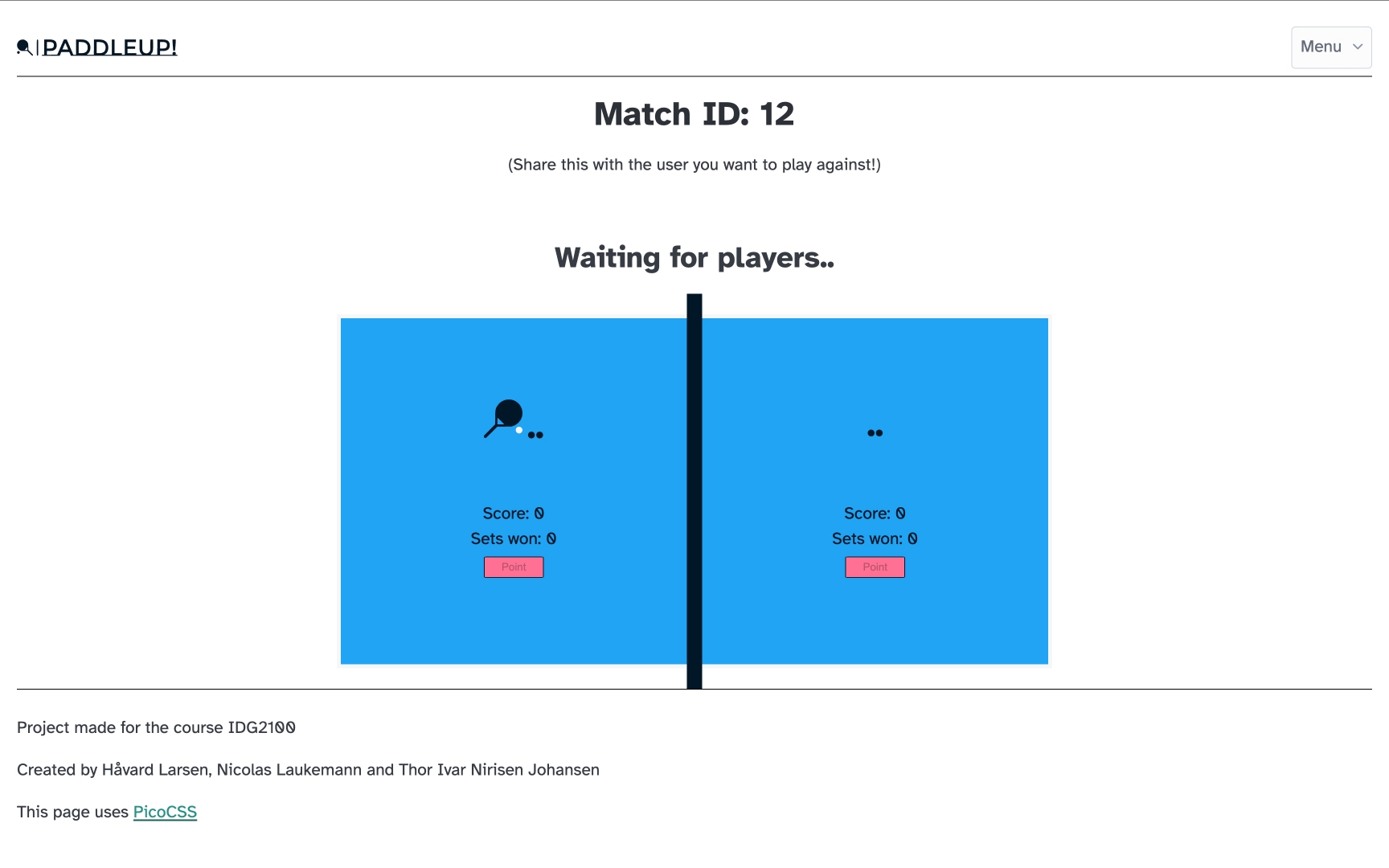 A screenshot of the PaddleUp website, showing the match page.