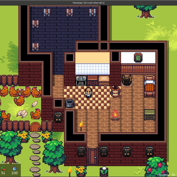 Screenshot of Faraway, a player is standing inside a built house. A chicken hen can be seen outside.