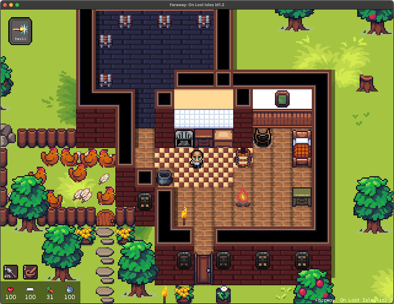 Screenshot of Faraway, a player is standing inside a built house. A chicken hen can be seen outside.