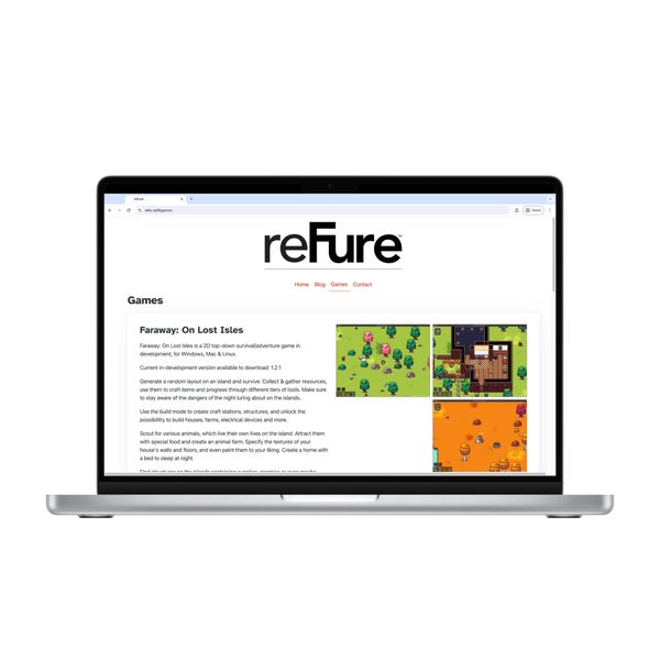 A laptop mockup showing the reFure site, highlighting the game page.