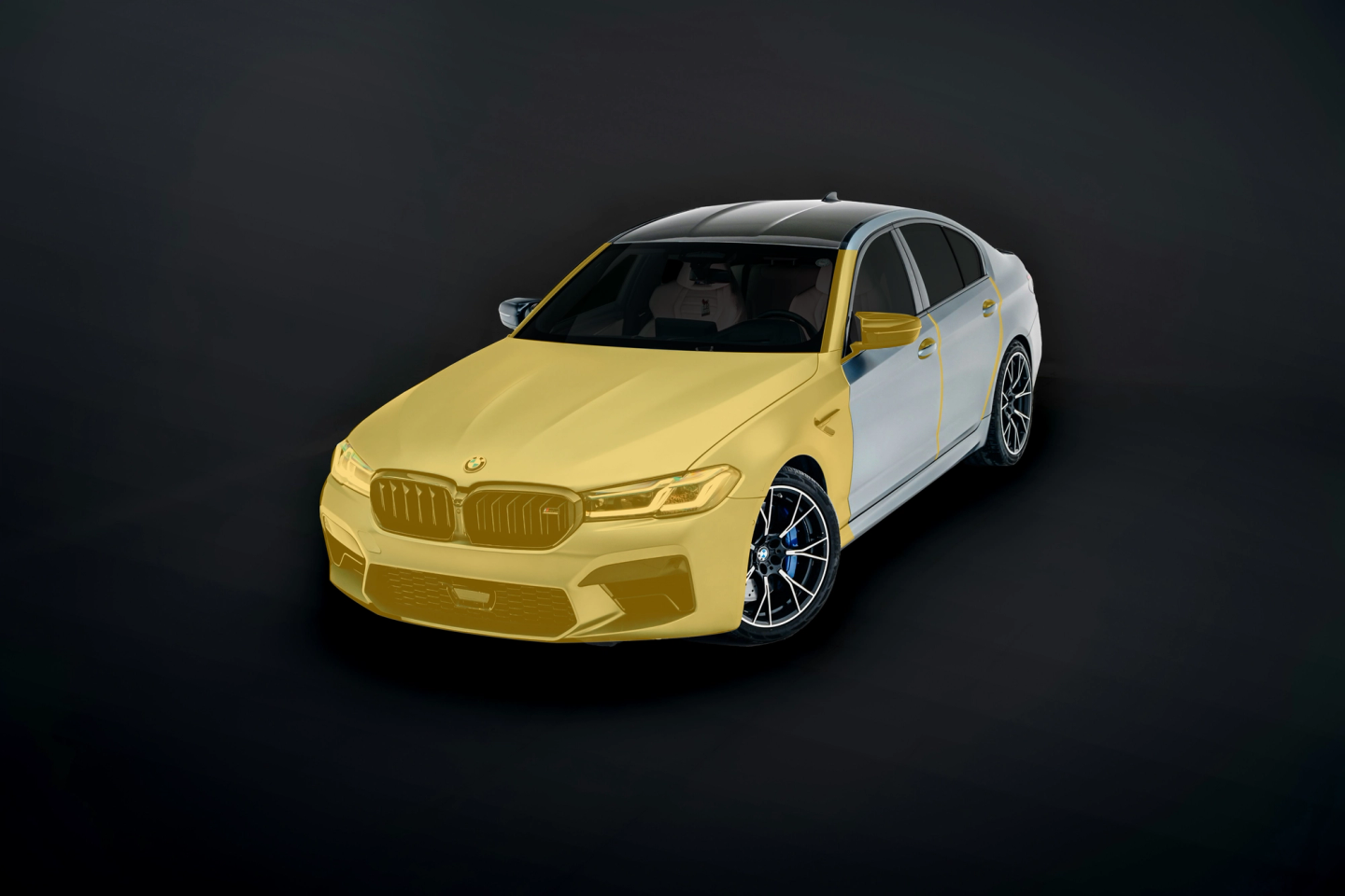 Zdjęcie samochodu z podświetlonymi Zderzak przód, błotniki, maska, lampy przód, lusterka, słupki A, nadszybie, wnęki klamek, parapet zderzaka tylnego.