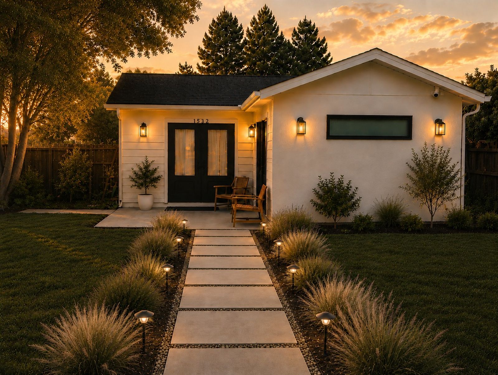 Backyard rental ADU lit up in the evening