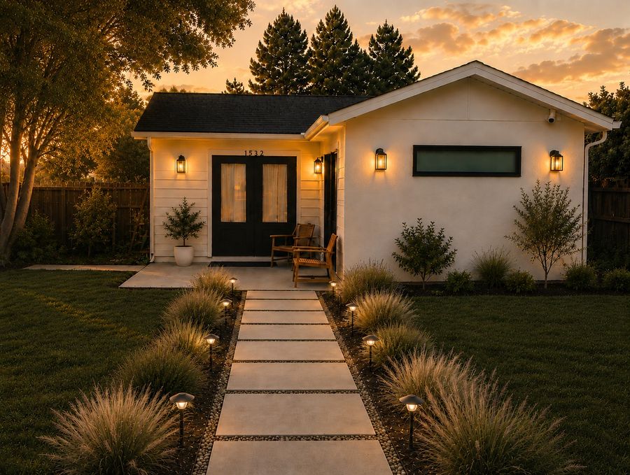 Exterior of the finished backyard ADU at dusk