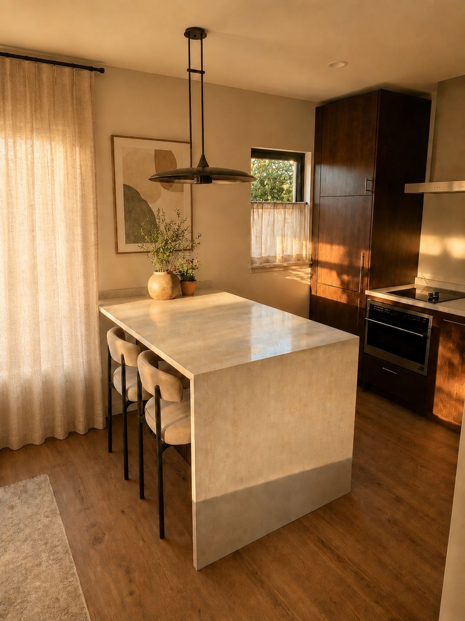 Warm, light-filled kitchen inside the finished ADU