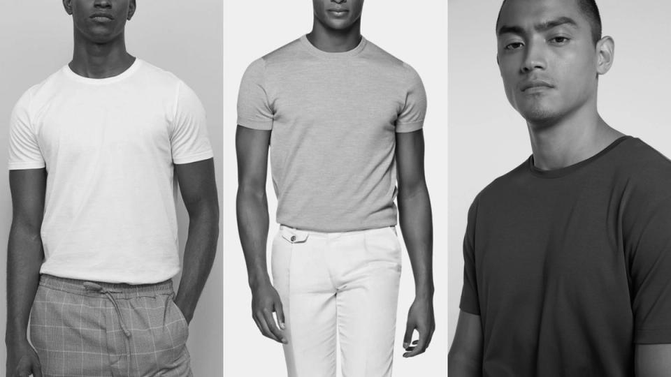 homens usando camiseta básica de caimento slimfit