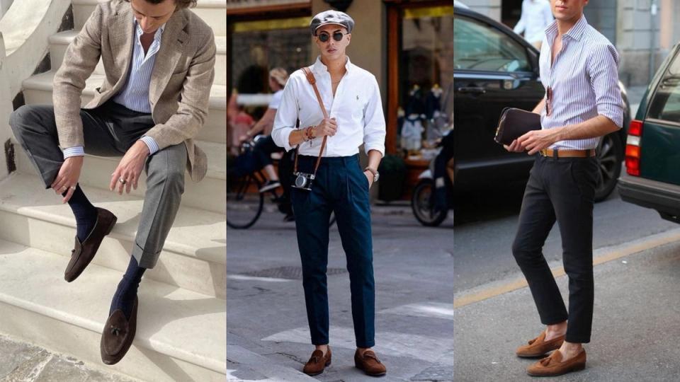 Homens sentados e em pé usando mocassim