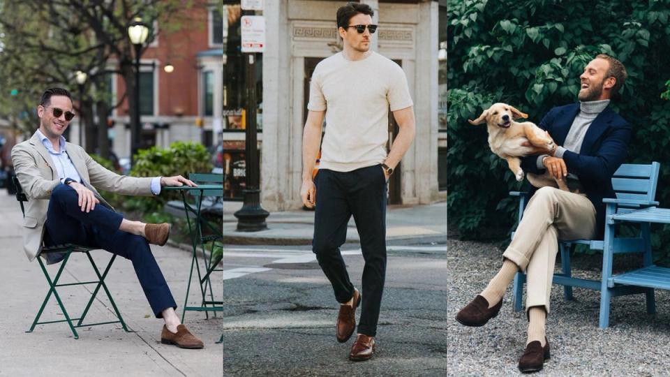 Homens sentados e em pé usando mocassim
