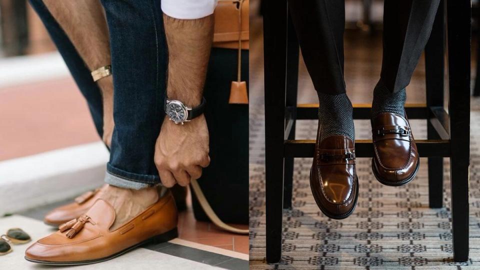 Homens sentados e em pé usando mocassim