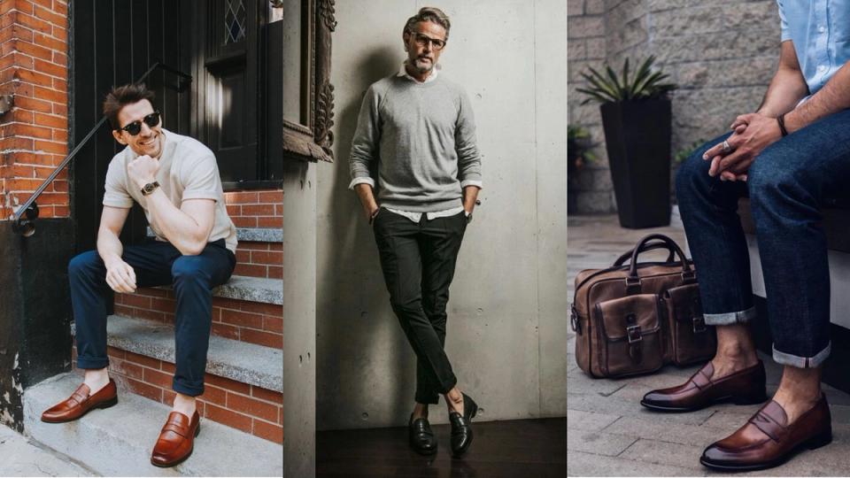 Homens sentados e em pé usando mocassim