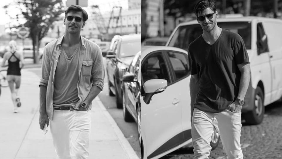 Johannes Huebl usando camiseta gola v