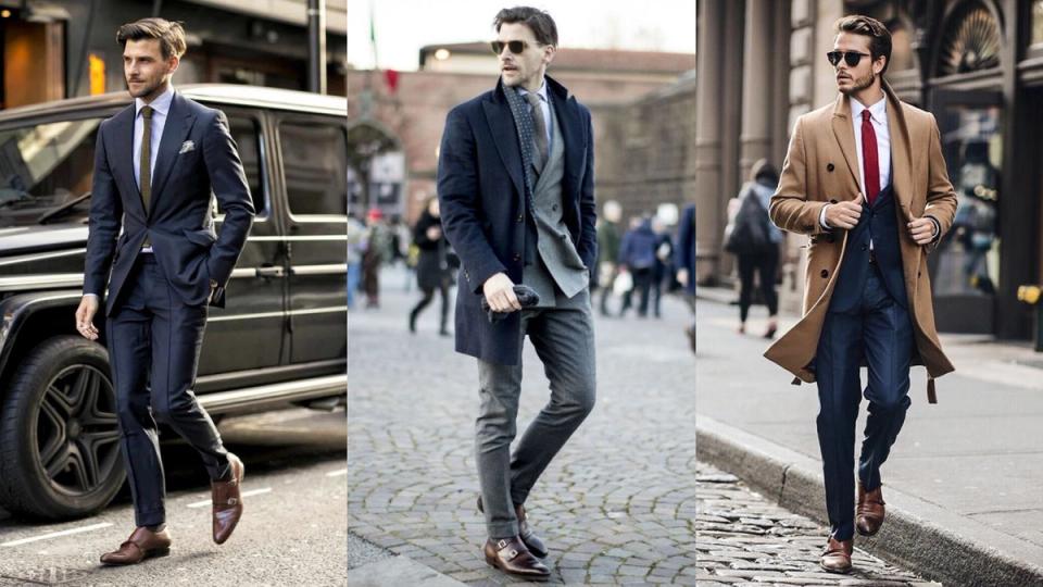 Homens usando o monstrap em um visual formal na cidade