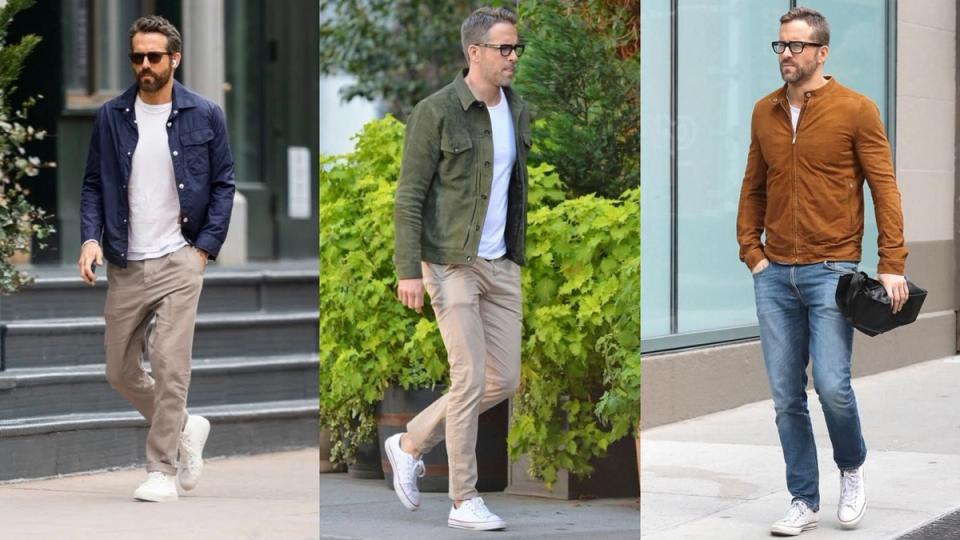 Três fotos de homens em pé com tênis branco