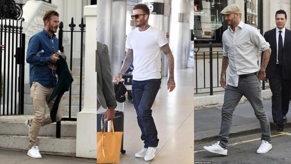 Três fotos do David Beckham em pé com tênis branco