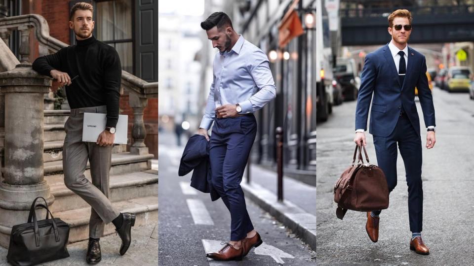 três homens andando na rua com um estilo formar usando sapato oxford