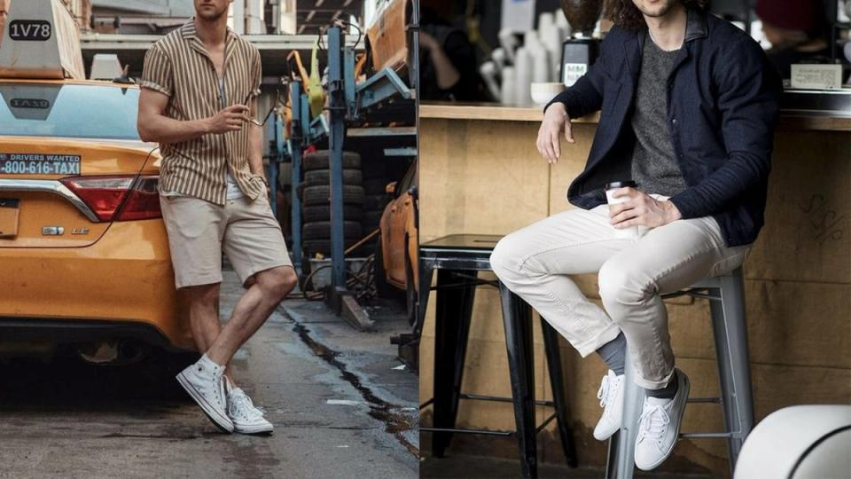 Duas fotos de homens sentados ou apoiados com tênis branco