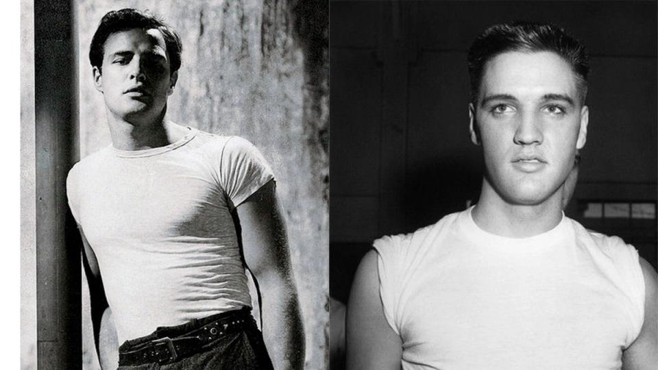 Elvis Presley e Marlon Brandon usando camisetas brancas