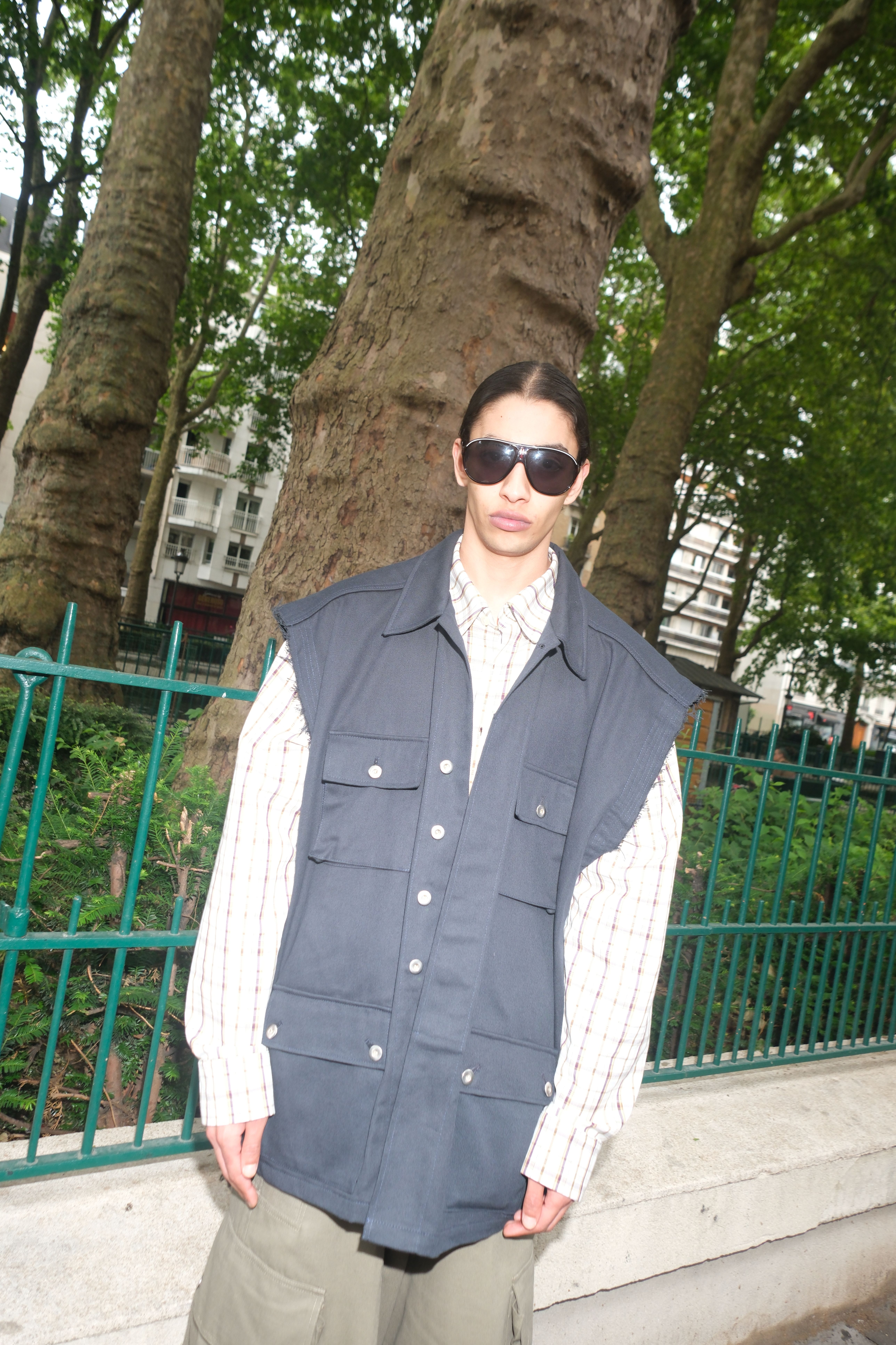 PLAID SHIRT, CUT OFF VEST & CARGO BERMUDAS