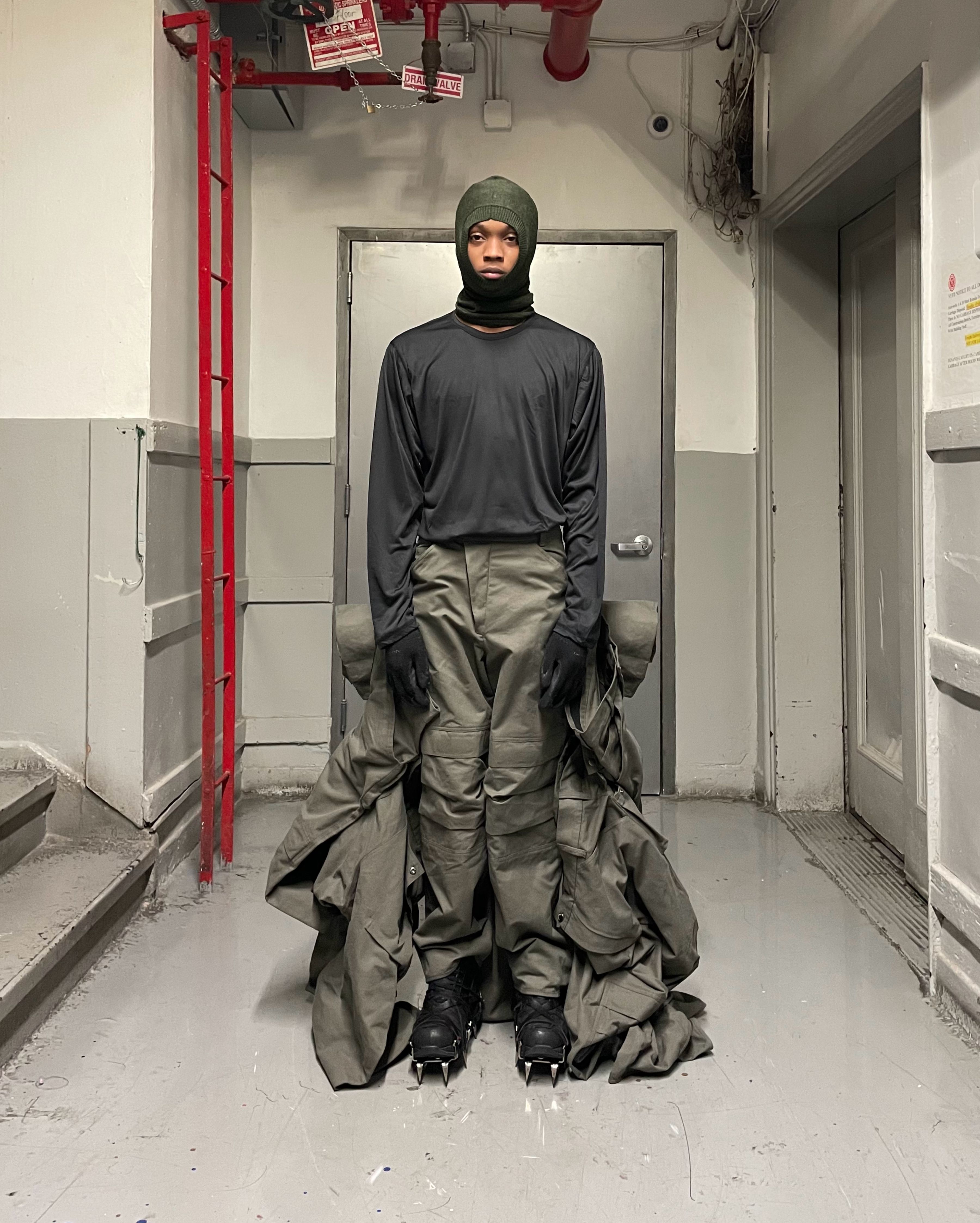 man wearing headscarf v2 and silk weight top from bryan jimenez spring summer 2022