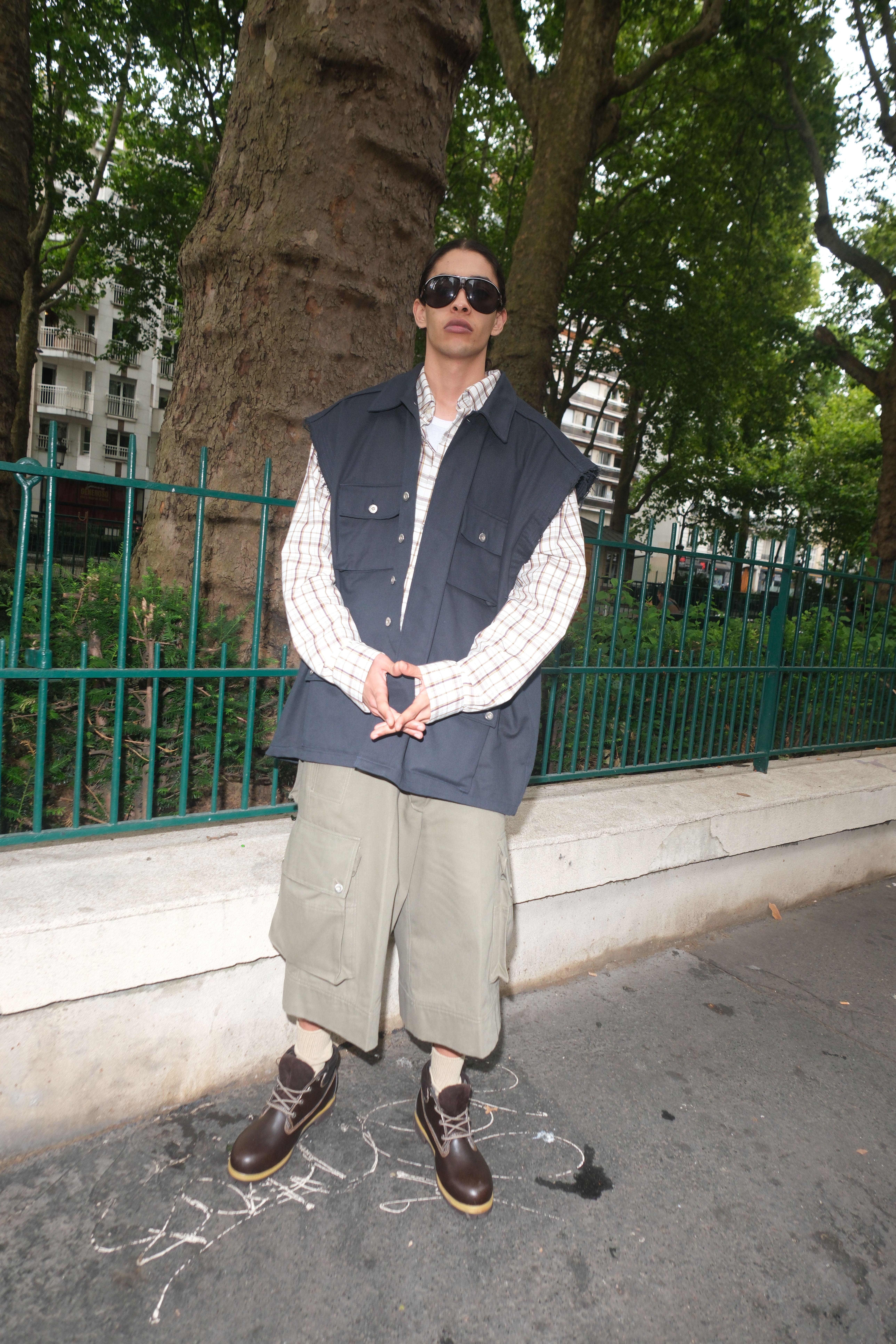 PLAID SHIRT, CUT OFF VEST & CARGO BERMUDAS