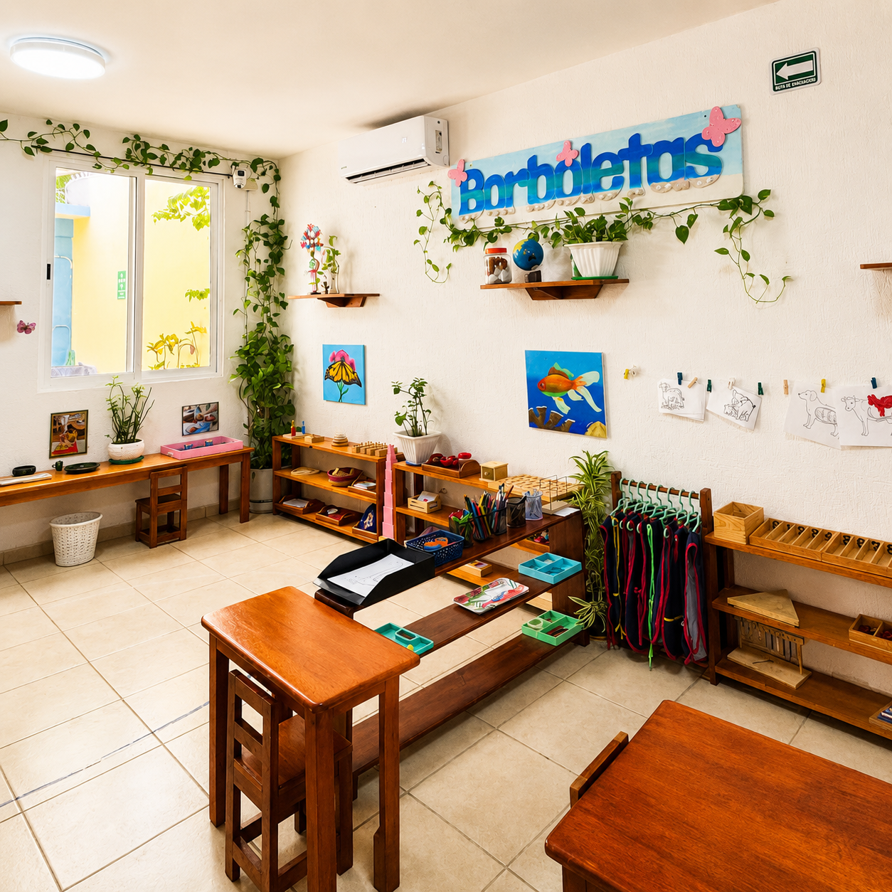 Aula con estantes de material Montessori, plantas y el letrero de Borboletas en la pared