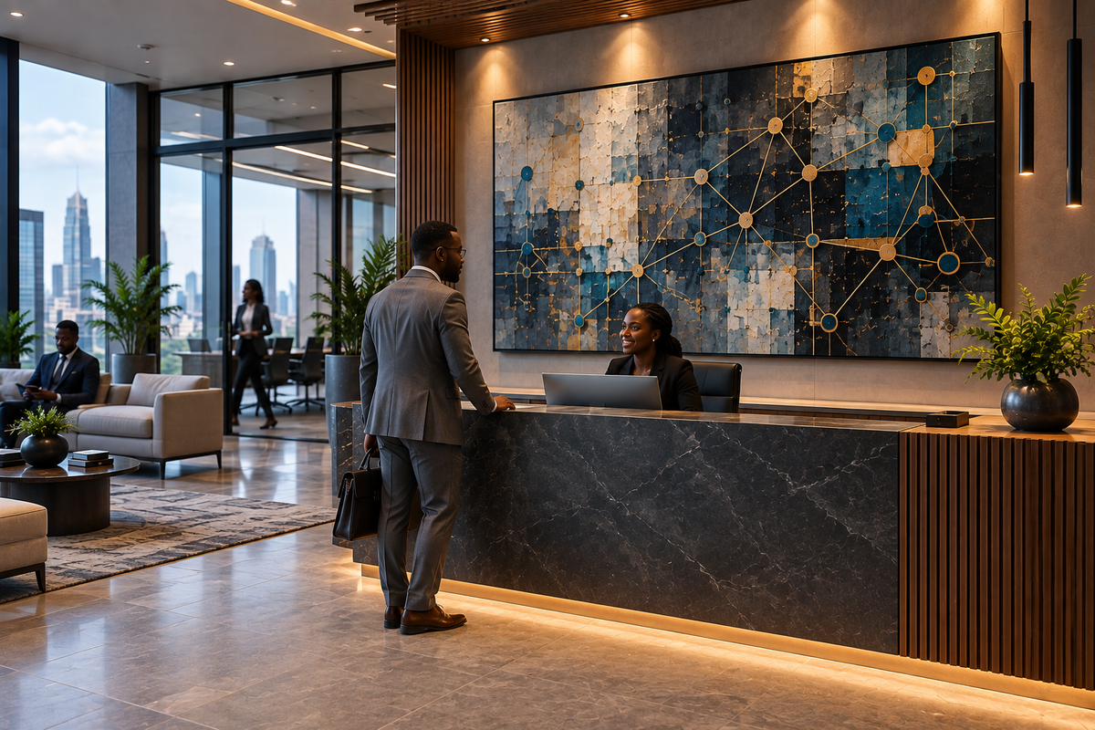 a man walking up to a reception desk with beautiful art behind it