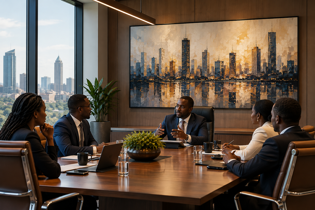 People in a boardroom that has a cityscape art piece on the wall