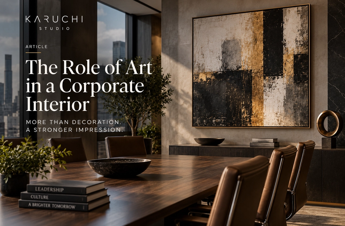 A corporate boardroom with art hanging on the wall