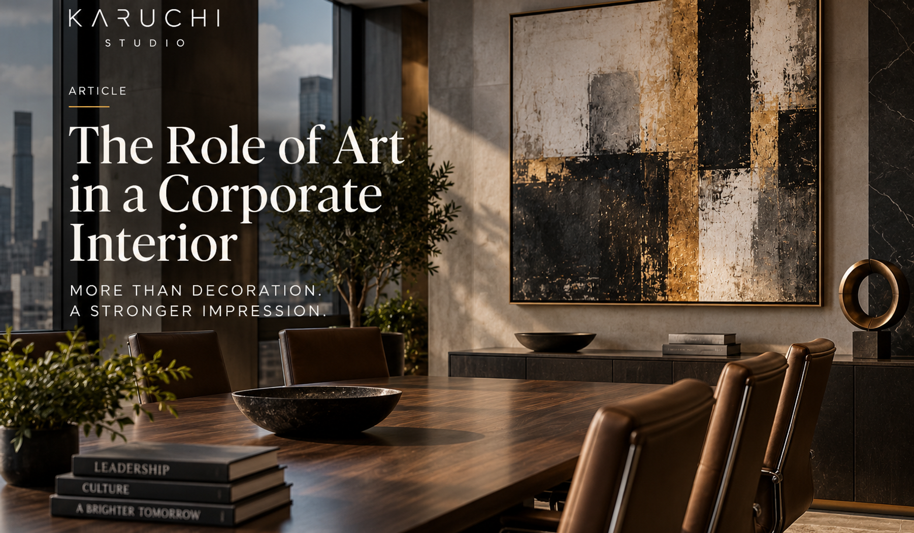 A corporate boardroom with art hanging on the wall