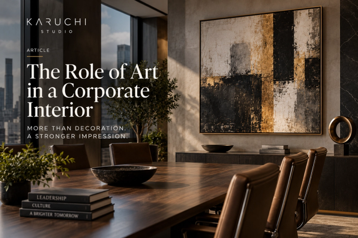 A corporate boardroom with art hanging on the wall