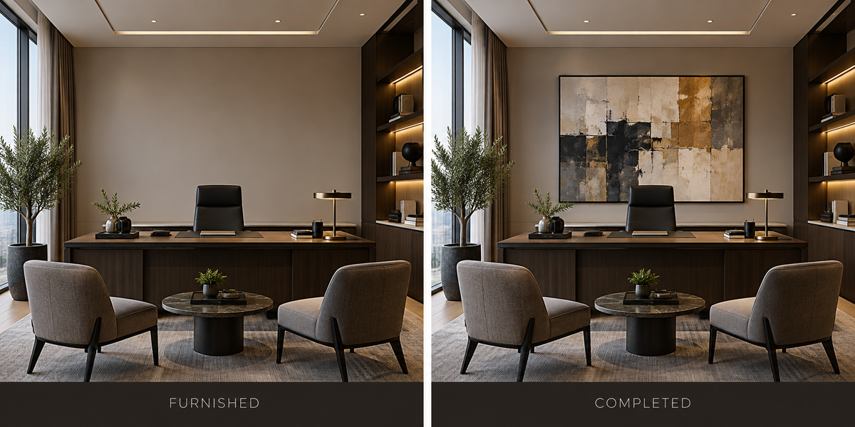 a before and after image featuring a furnished office with a blank wall and the same office with art on the wall