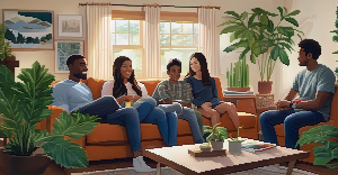 A diverse family sitting together in a cozy living room, having a serious conversation about marijuana use in a warm and inviting setting.