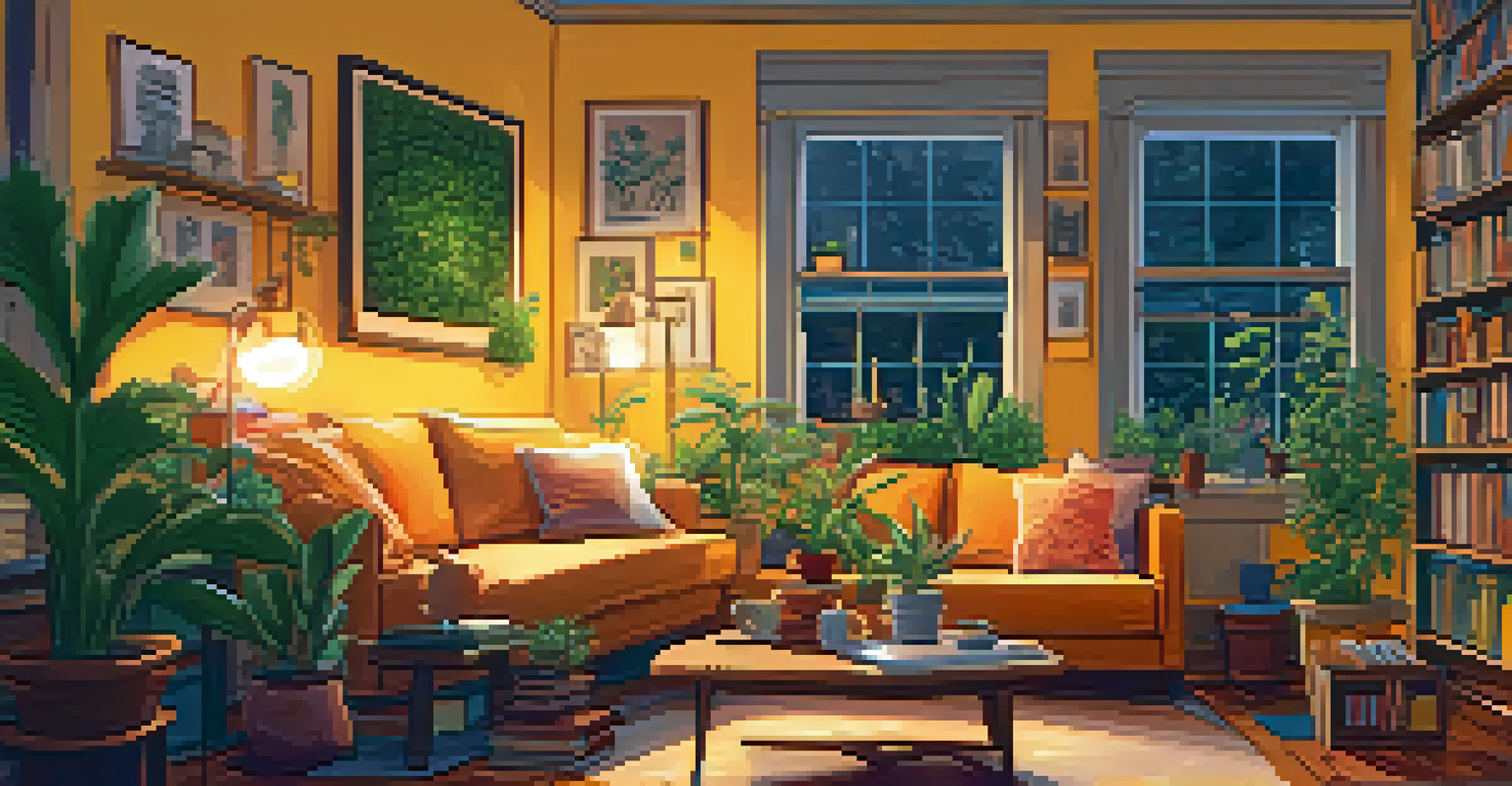 A cozy indoor space with a person journaling on a couch surrounded by plants and warm lighting.