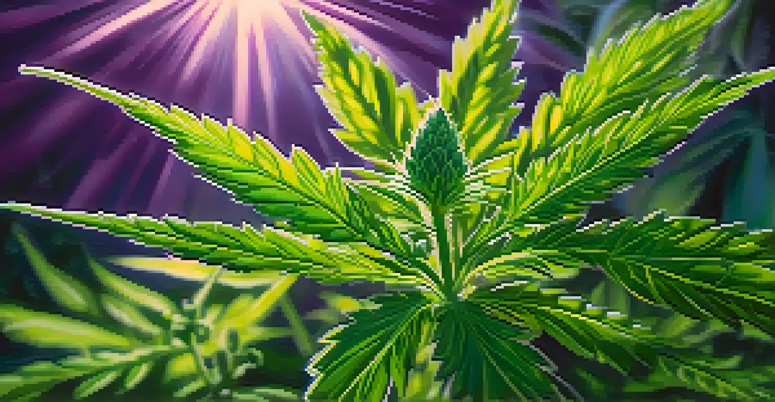 A close-up of a cannabis plant with vibrant green leaves and buds, illuminated by sunlight in a garden setting.
